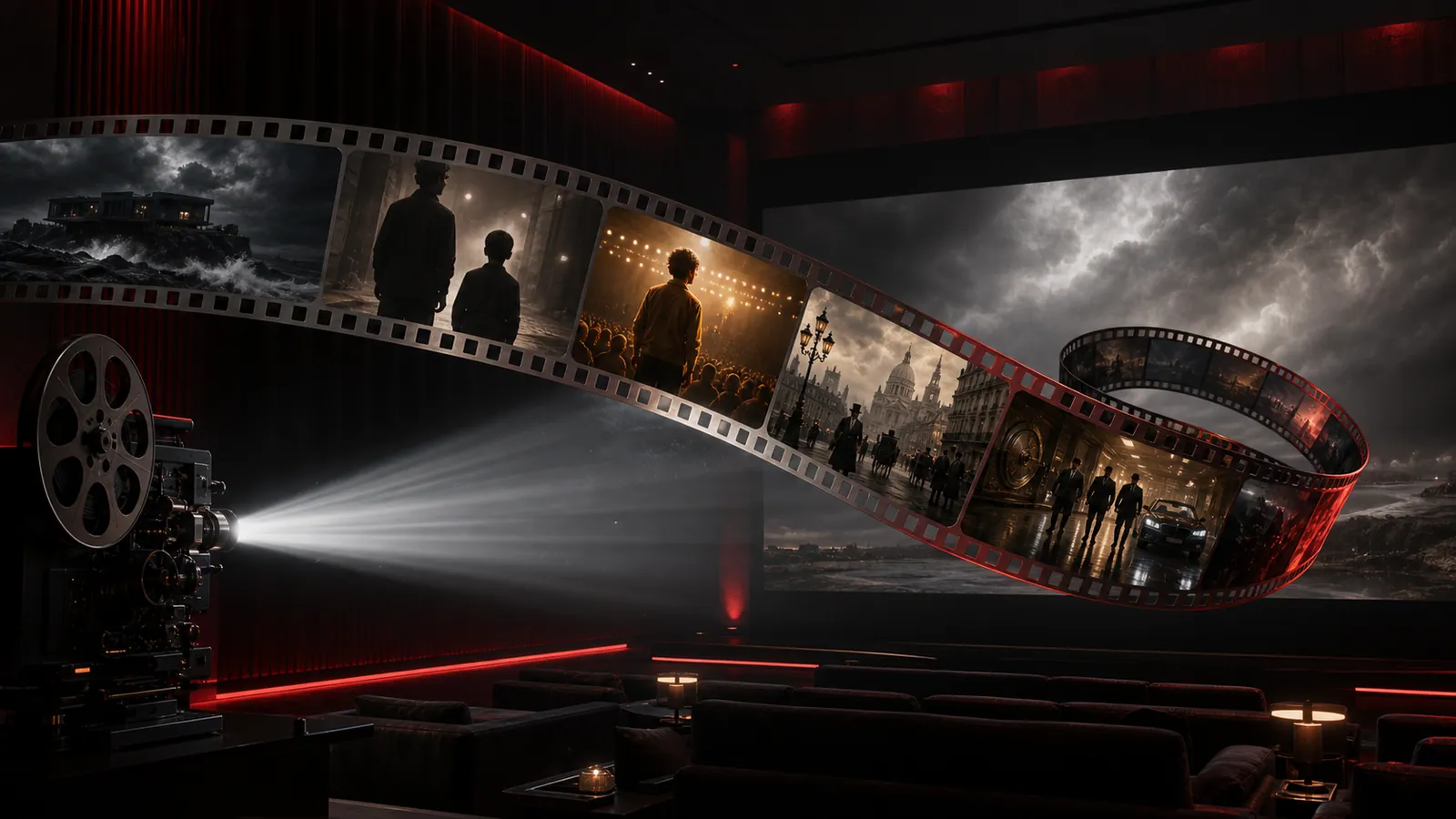 Proyector y cinta cinematográfica con escenas de distintos géneros en una sala iluminada en rojo, para el calendario de películas de Netflix 2026.