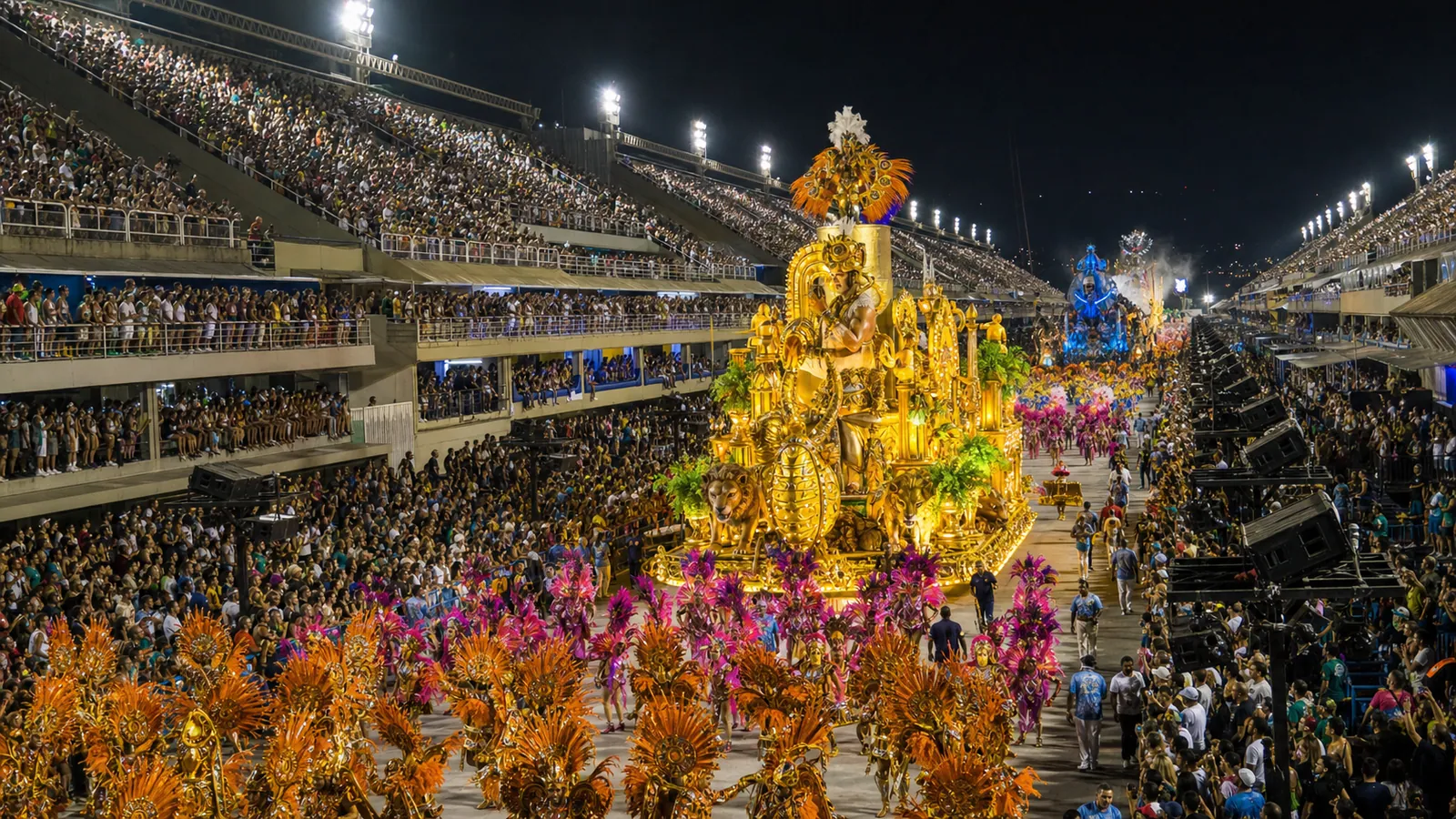 Desfile nocturno de carnaval con bailarines y carrozas iluminadas en un sambódromo lleno