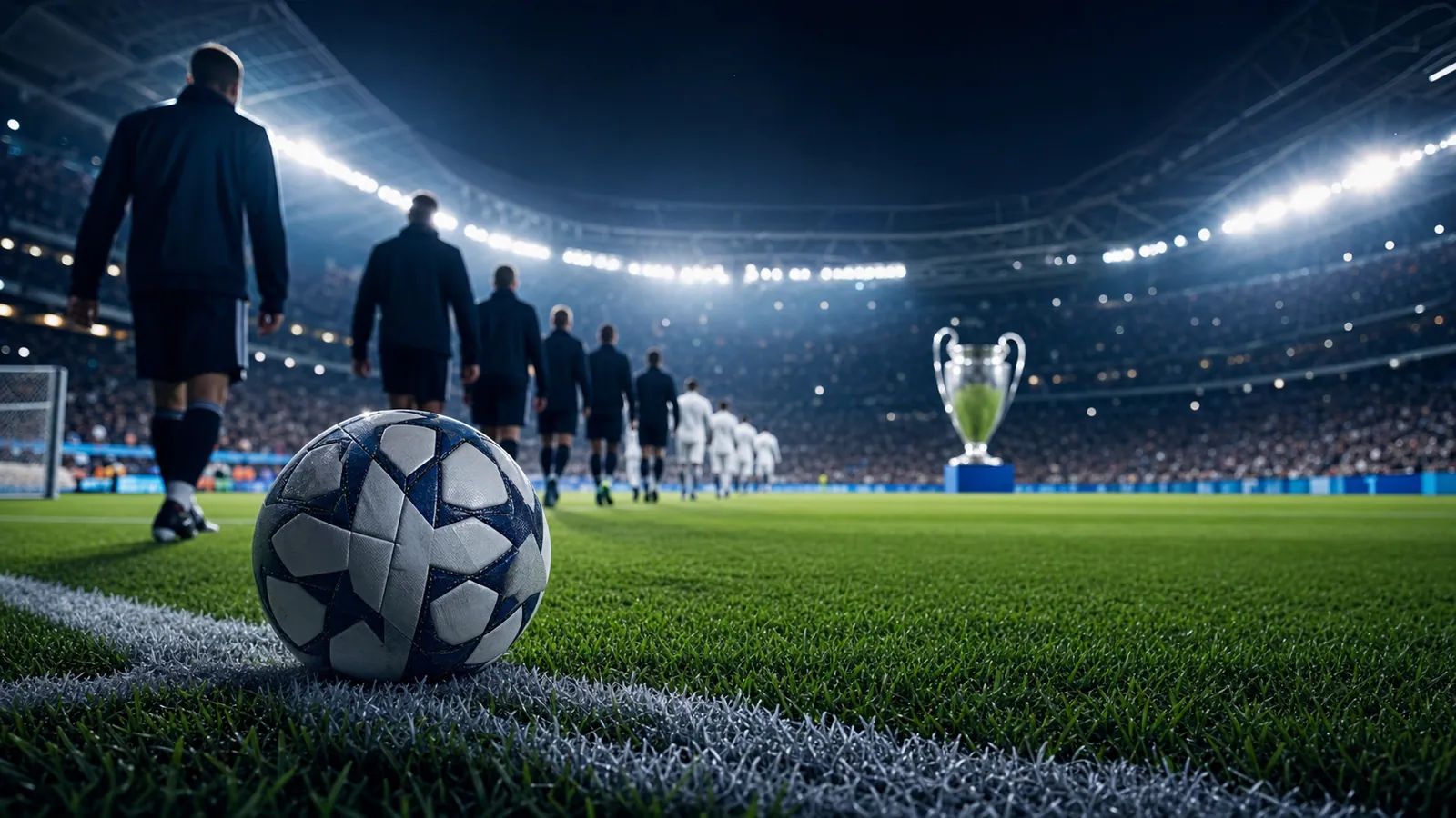 Balón junto a la línea de un estadio europeo iluminado antes de un gran partido nocturno