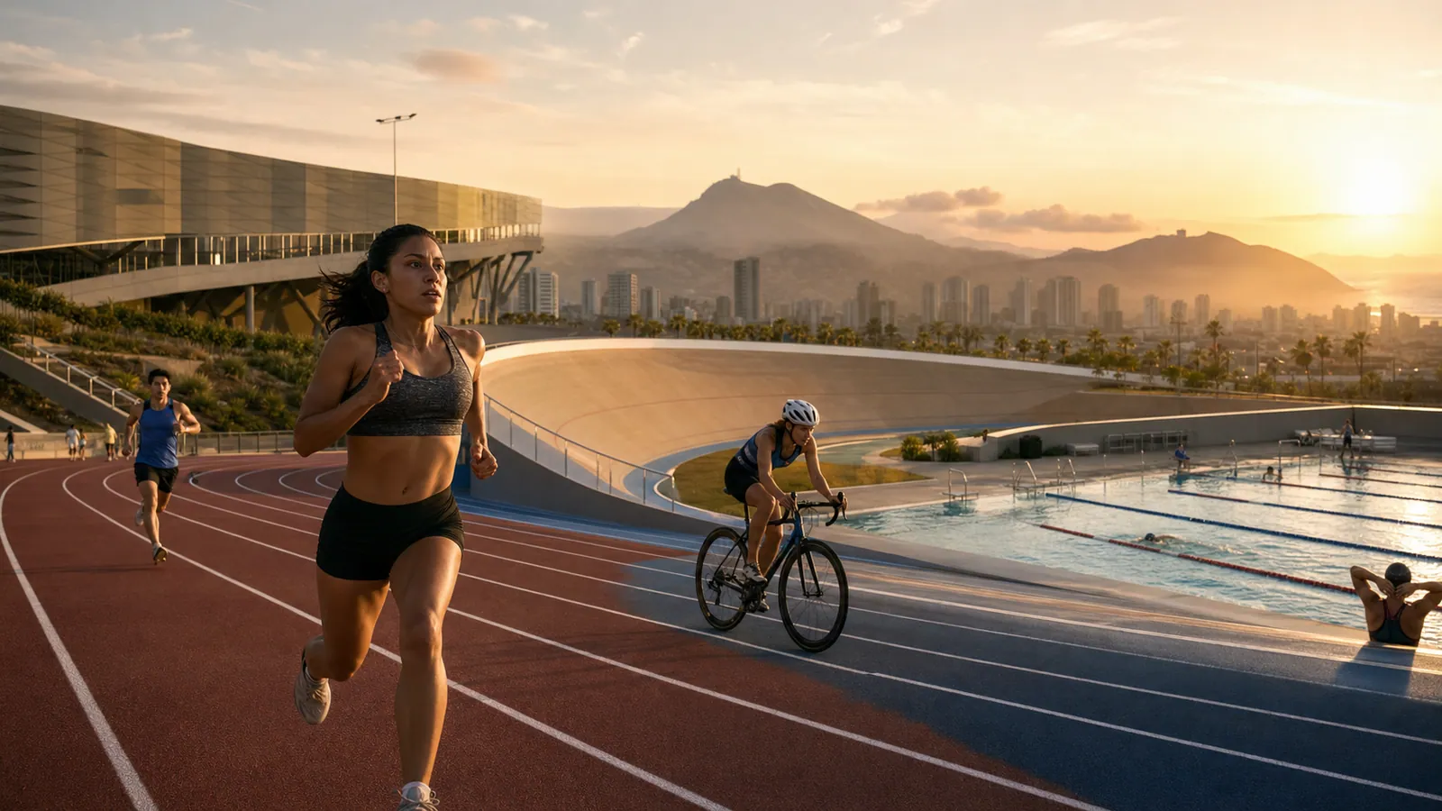 Atletas entrenan en pista, velódromo y piscina de un complejo deportivo al amanecer