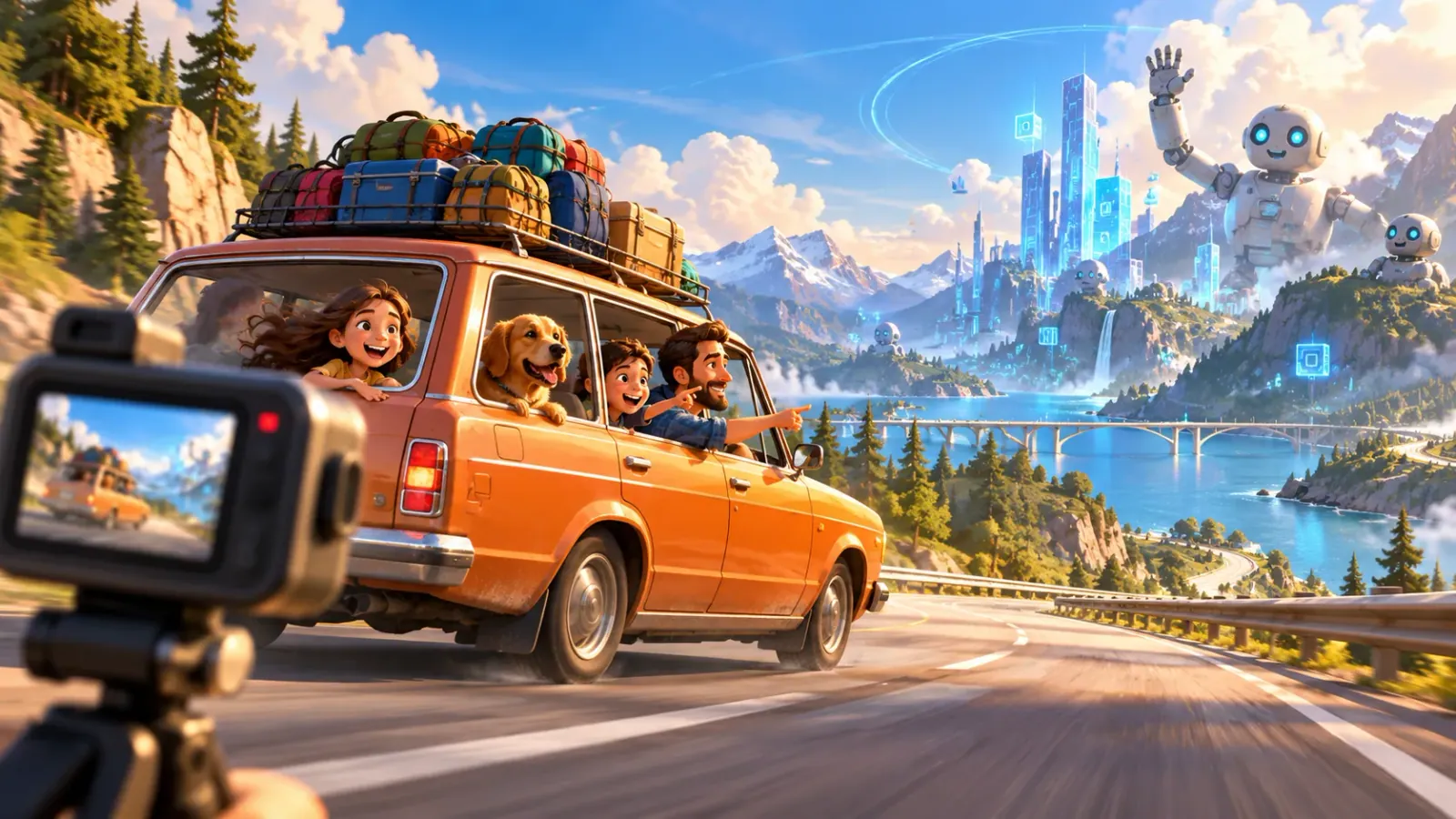 Ilustración de un viaje familiar en coche, una videocámara y robots al fondo.