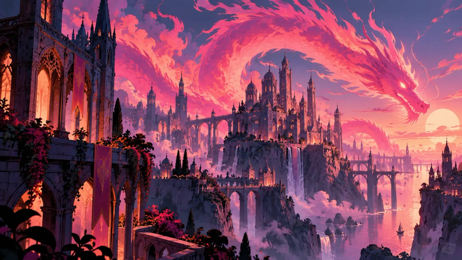 Ilustración de un dragón luminoso rosa sobre una ciudad fantástica.